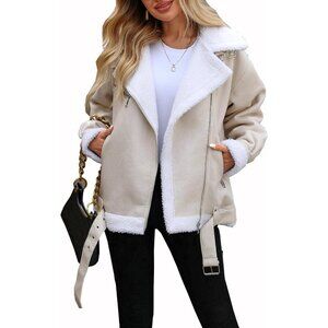 Women beige LY VAREY LIN Faux Leather Sherpa Aviator Bomber Jacket